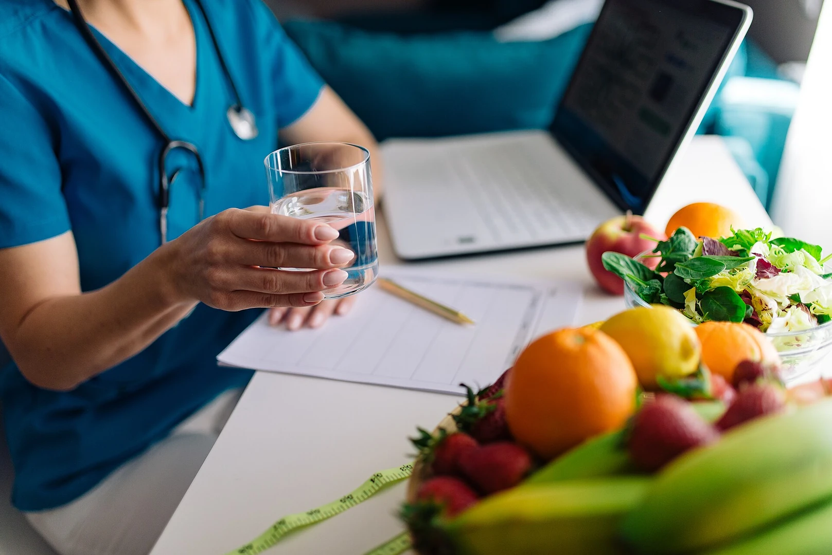 Health consultation setting with water and fresh food